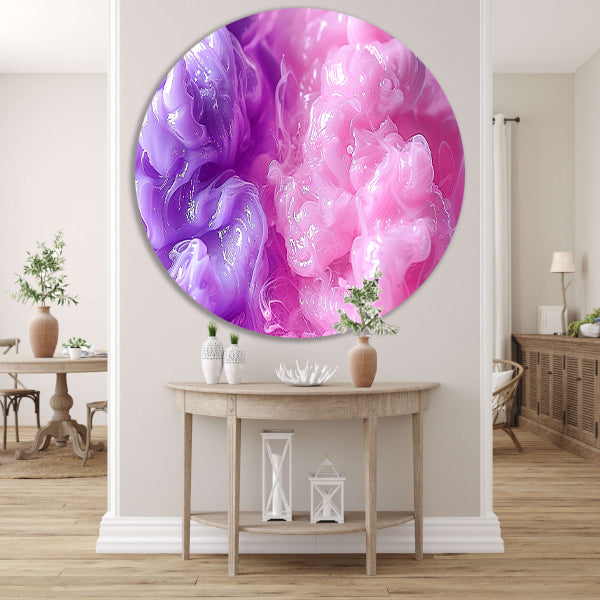 Abstracte schilderij met paarse en roze tinten aluminium muurcirkel