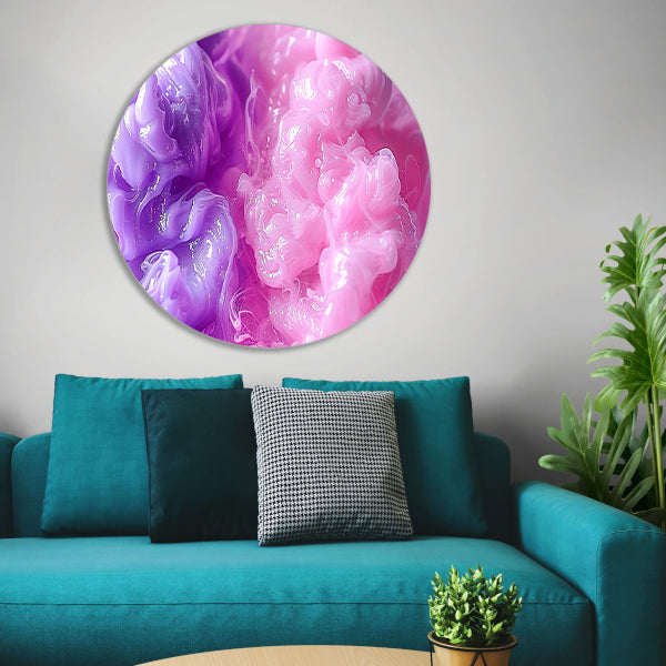 Abstracte schilderij met paarse en roze tinten aluminium muurcirkel