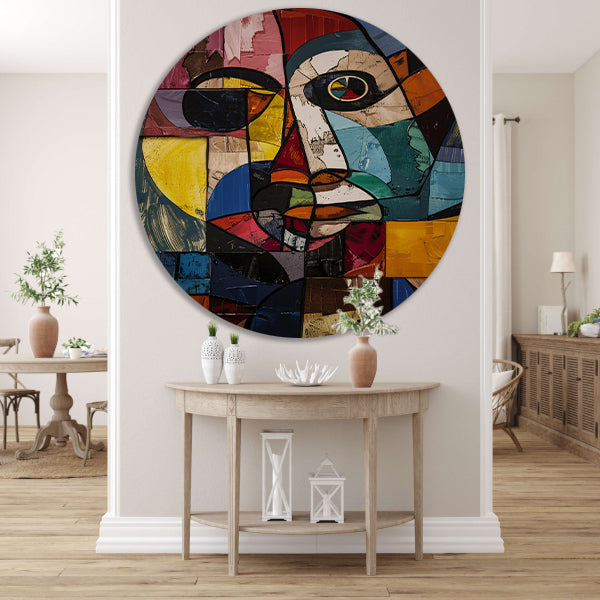 Abstract Kubistisch Portret in Kleur aluminium muurcirkel