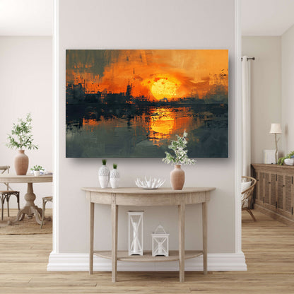 Abstracte zonsondergang met stadse reflectie poster