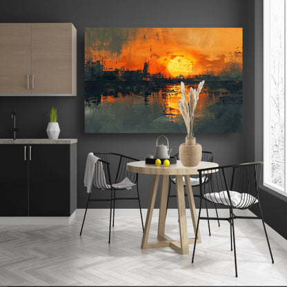 Abstracte zonsondergang met stadse reflectie poster