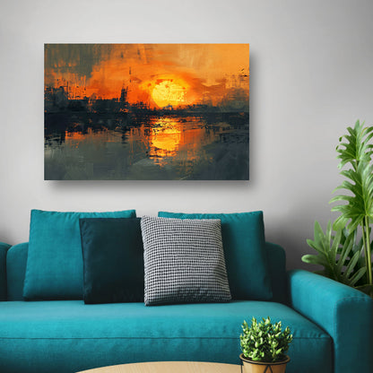 Abstracte zonsondergang met stadse reflectie poster