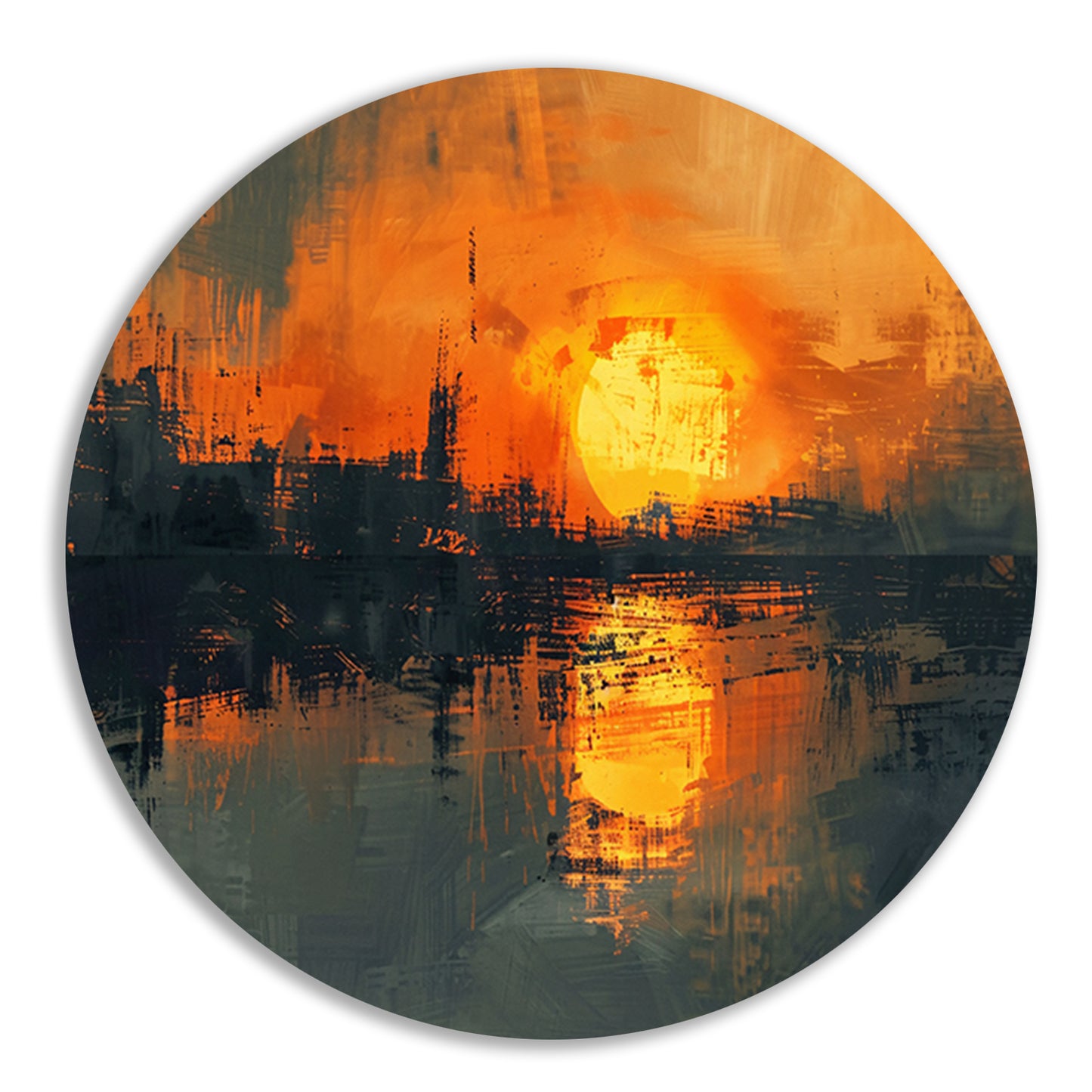 Abstracte zonsondergang met stadse reflectie aluminium muurcirkel