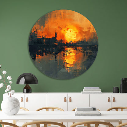 Abstracte zonsondergang met stadse reflectie aluminium muurcirkel