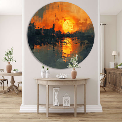 Abstracte zonsondergang met stadse reflectie aluminium muurcirkel