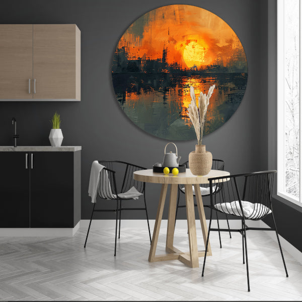 Abstracte zonsondergang met stadse reflectie aluminium muurcirkel