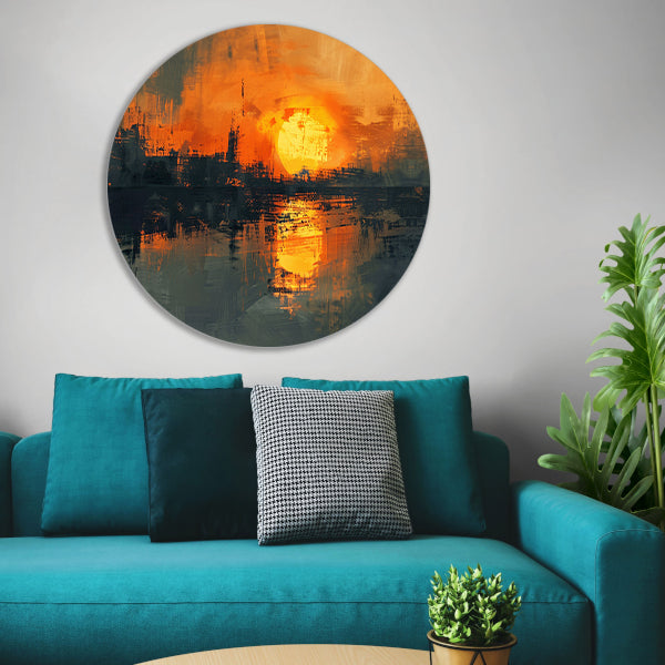 Abstracte zonsondergang met stadse reflectie aluminium muurcirkel