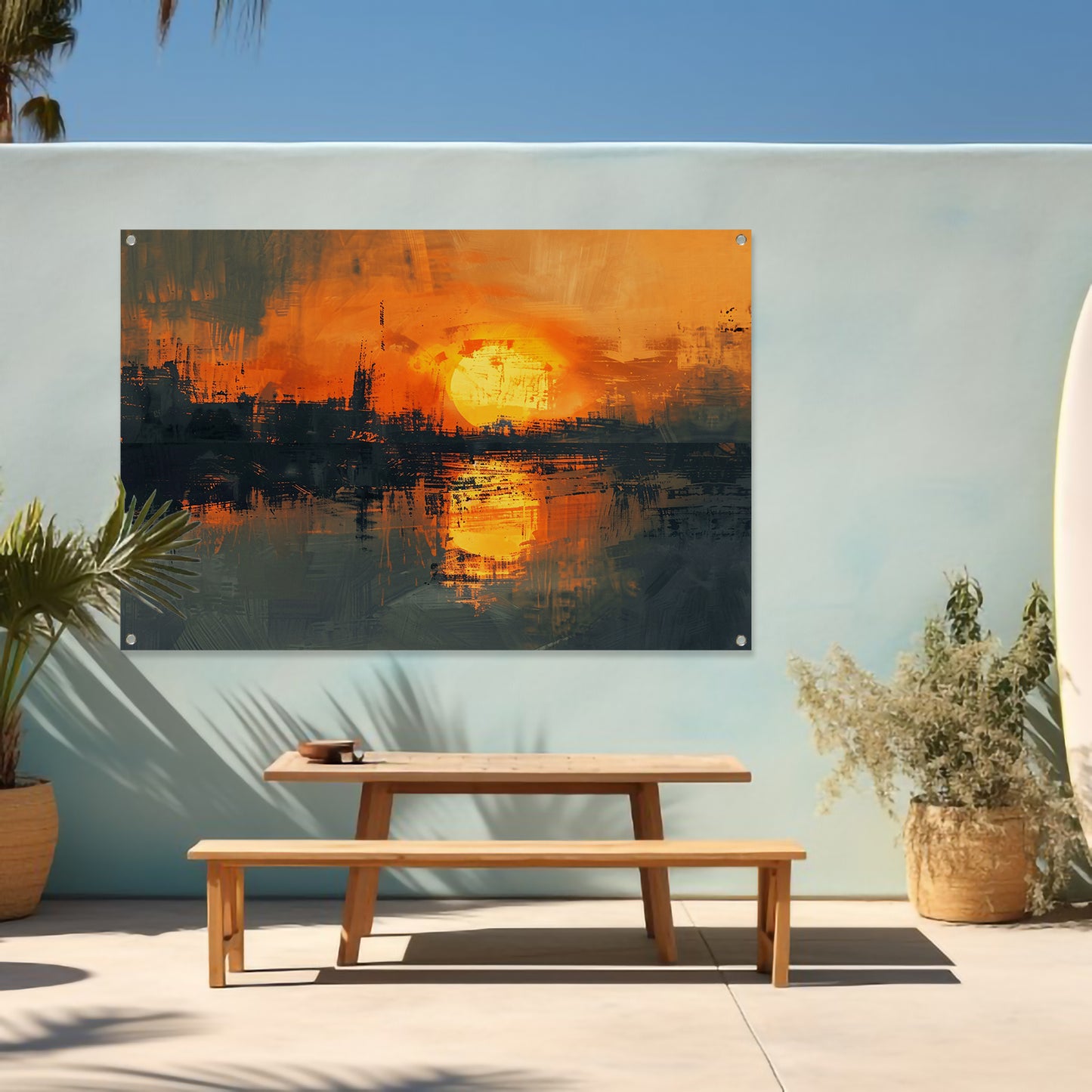 Abstracte zonsondergang met stadse reflectie tuinposter