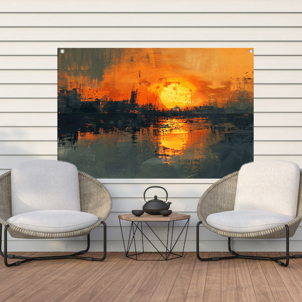 Abstracte zonsondergang met stadse reflectie tuinposter