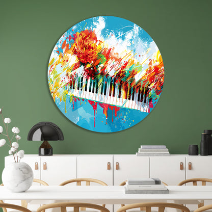 Abstracte piano met kleurrijke bloemenexplosie aluminium muurcirkel