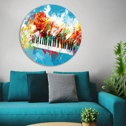 Abstracte piano met kleurrijke bloemenexplosie aluminium muurcirkel