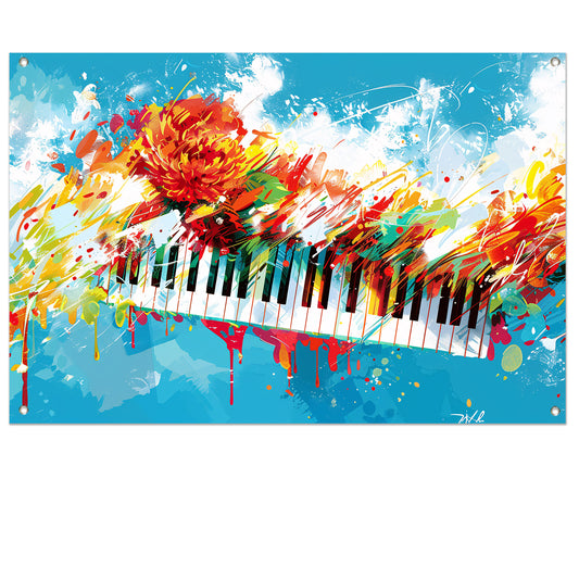 Abstracte piano met kleurrijke bloemenexplosie tuinposter