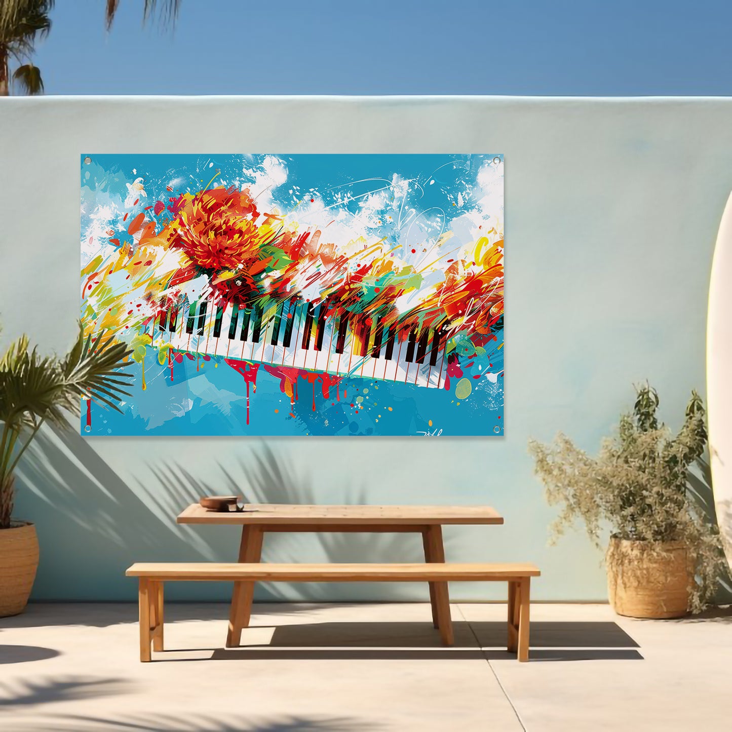 Abstracte piano met kleurrijke bloemenexplosie tuinposter