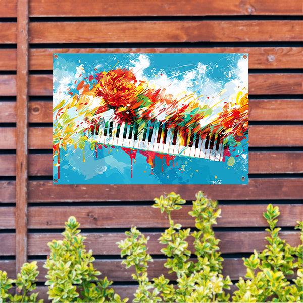 Abstracte piano met kleurrijke bloemenexplosie tuinposter