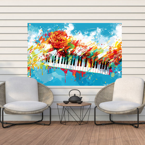 Abstracte piano met kleurrijke bloemenexplosie tuinposter