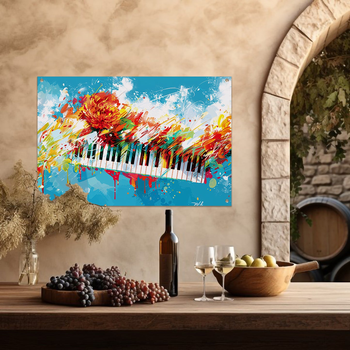 Abstracte piano met kleurrijke bloemenexplosie tuinposter