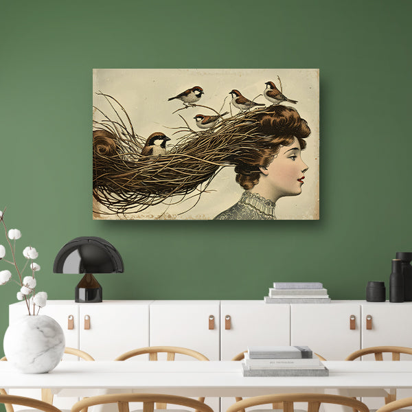 Vrouw met nest en vogels in haar canvas