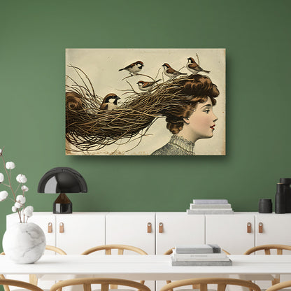 Vrouw met nest en vogels in haar poster