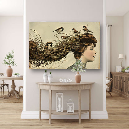 Vrouw met nest en vogels in haar canvas