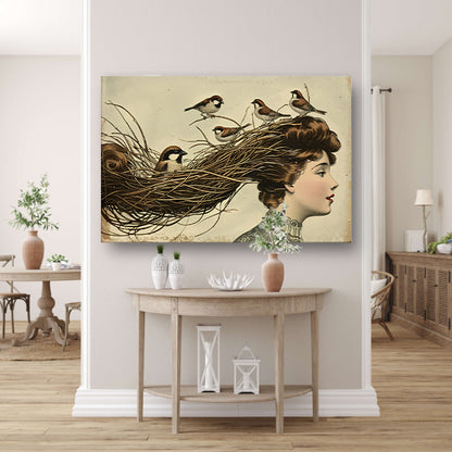 Vrouw met nest en vogels in haar poster
