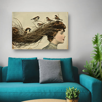 Vrouw met nest en vogels in haar canvas