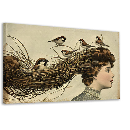 Vrouw met nest en vogels in haar canvas