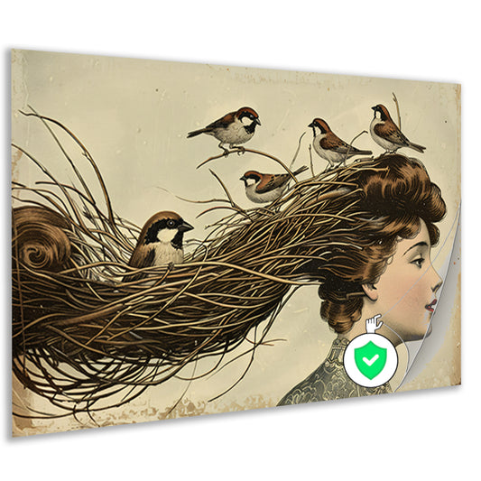 Vrouw met nest en vogels in haar poster