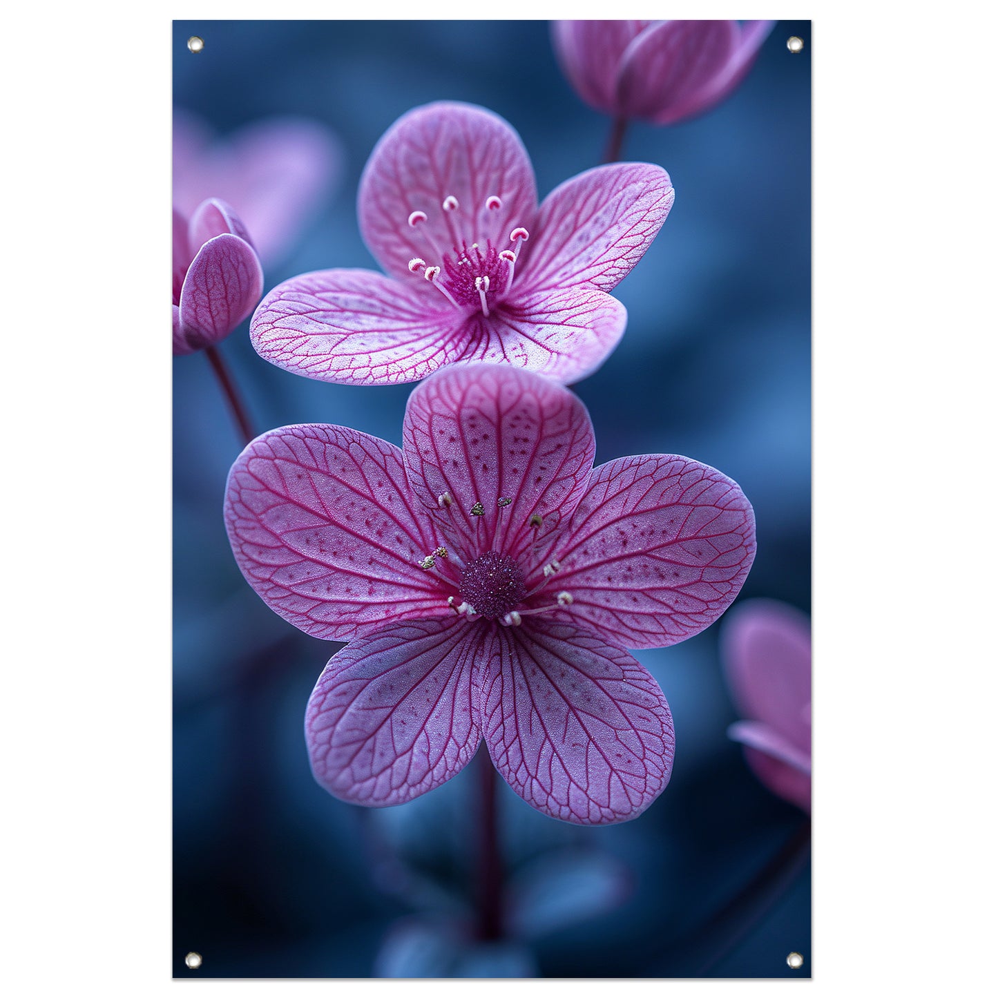 Close-up van roze bloemen in zacht licht tuinposter
