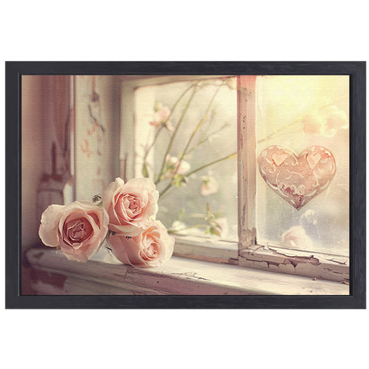 Impressionistische rozen op vensterbank canvas met baklijst