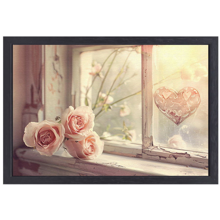 Impressionistische rozen op vensterbank canvas met baklijst