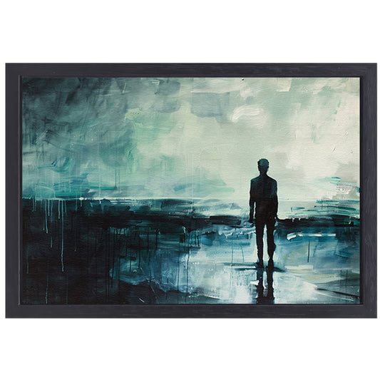 Abstract schilderij van man in landschap canvas met baklijst