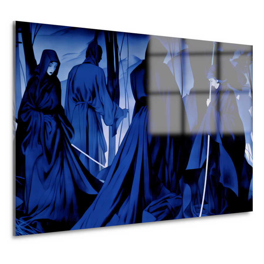 Etherische Figuren in Monochroom Blauw acrylglas