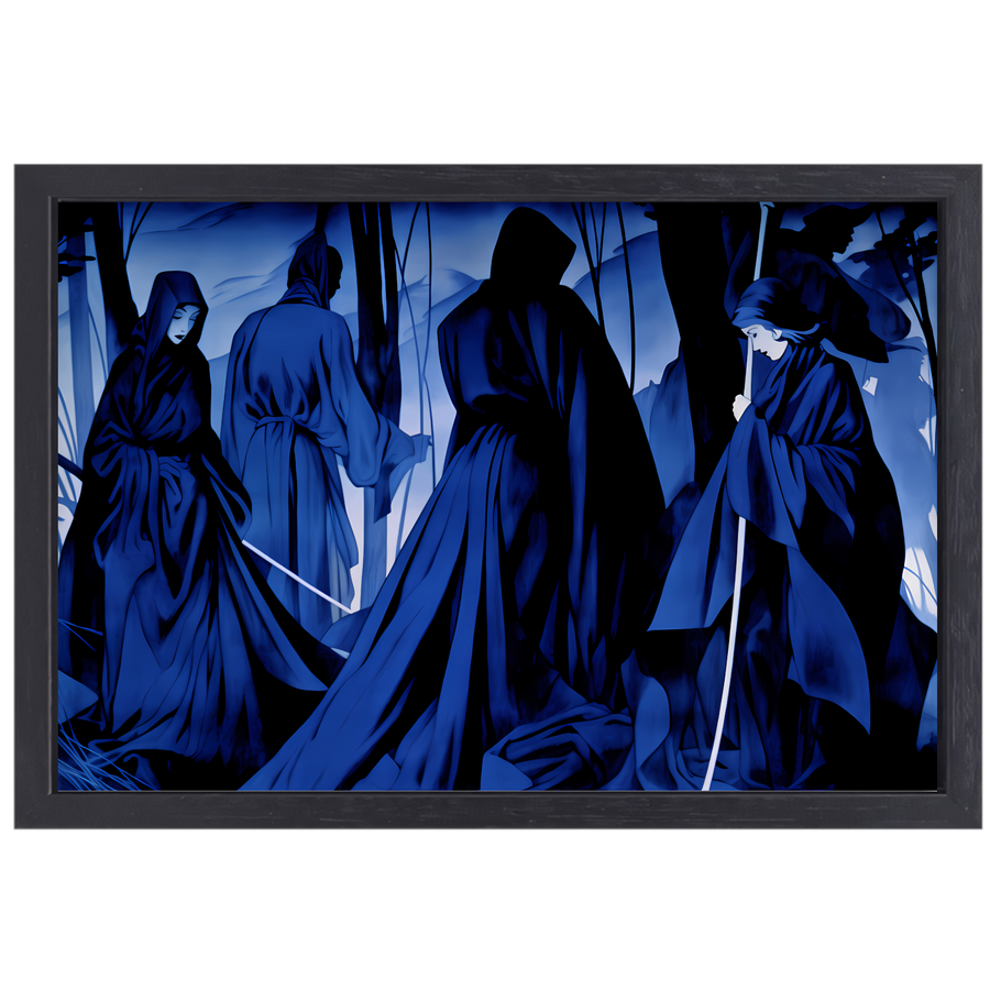 Etherische Figuren in Monochroom Blauw canvas met baklijst