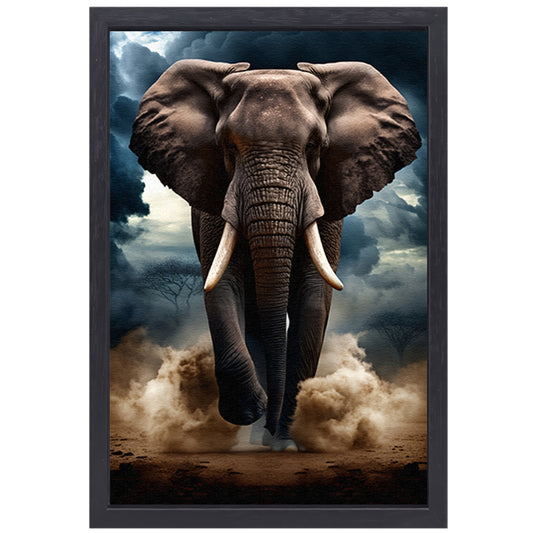 Olifant doorstaat woeste storm canvas met baklijst