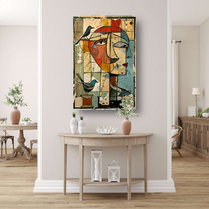 Abstracte vrouw met vogels poster