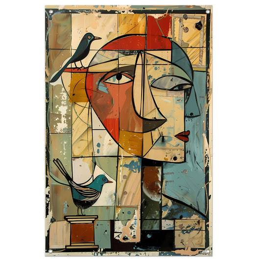 Abstracte vrouw met vogels tuinposter