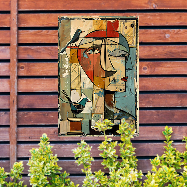 Abstracte vrouw met vogels tuinposter