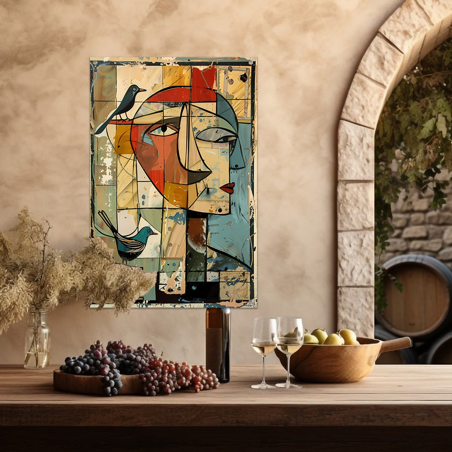 Abstracte vrouw met vogels tuinposter