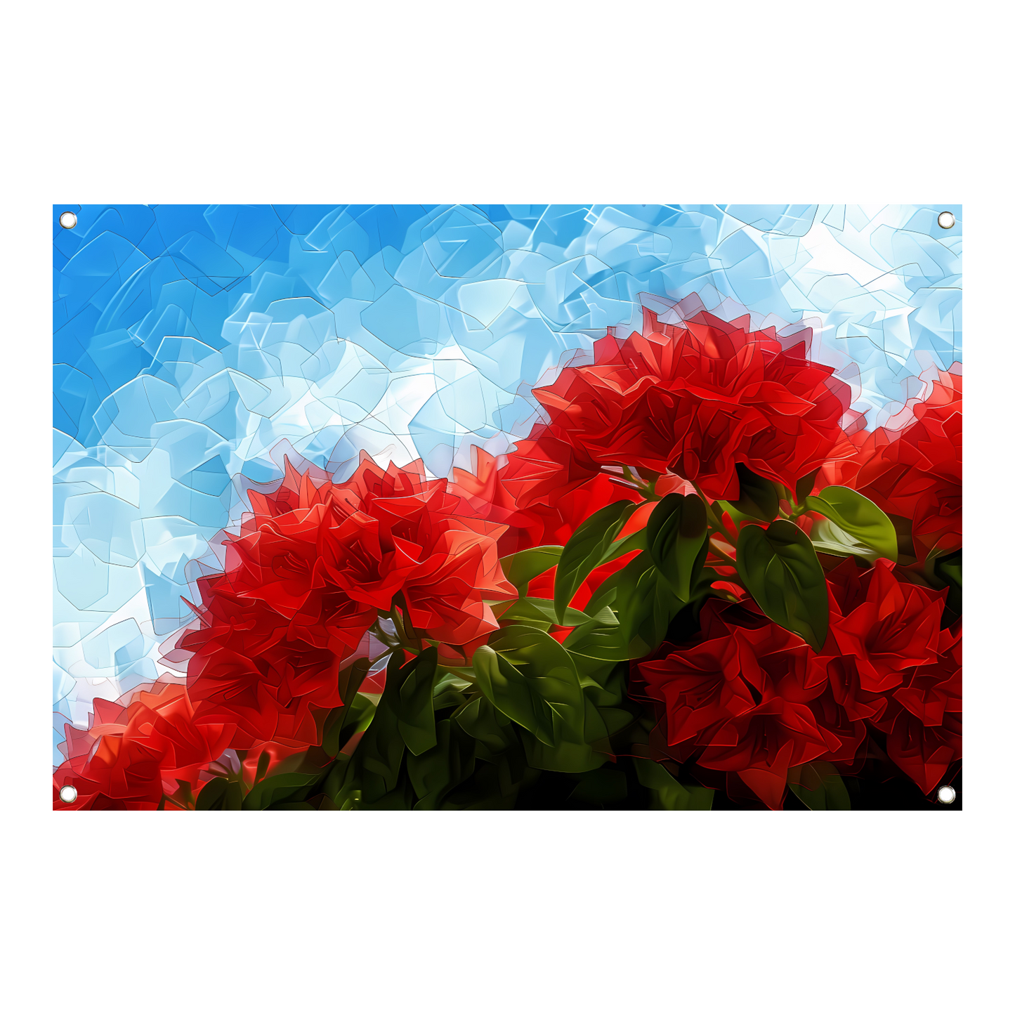 Abstracte rode bloemen tegen blauwe lucht tuinposter