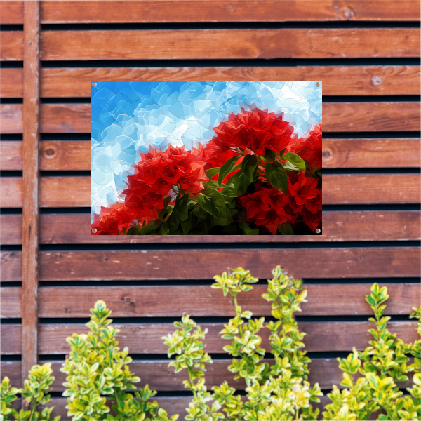 Abstracte rode bloemen tegen blauwe lucht tuinposter