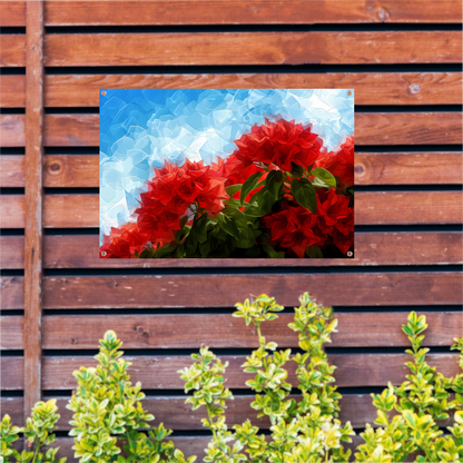Abstracte rode bloemen tegen blauwe lucht tuinposter