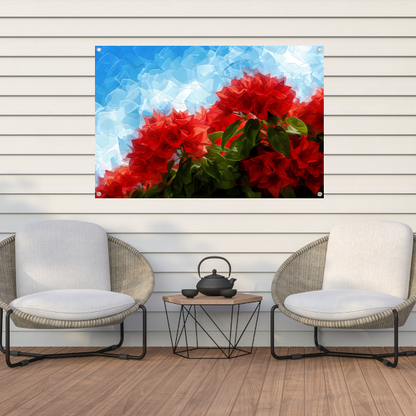 Abstracte rode bloemen tegen blauwe lucht tuinposter