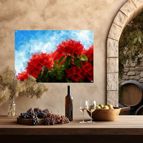 Abstracte rode bloemen tegen blauwe lucht tuinposter