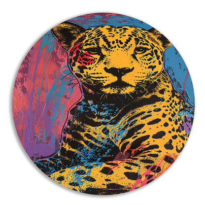 Kleurrijk popart schilderij van een jaguar aluminium muurcirkel