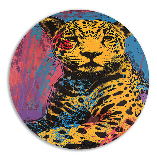 Kleurrijk popart schilderij van een jaguar aluminium muurcirkel