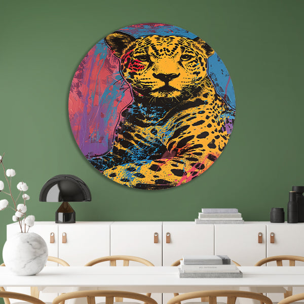 Kleurrijk popart schilderij van een jaguar aluminium muurcirkel