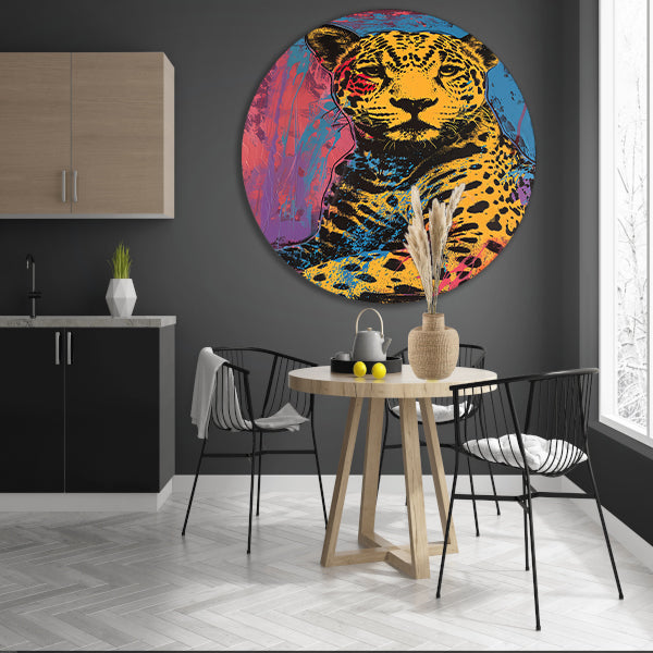 Kleurrijk popart schilderij van een jaguar aluminium muurcirkel