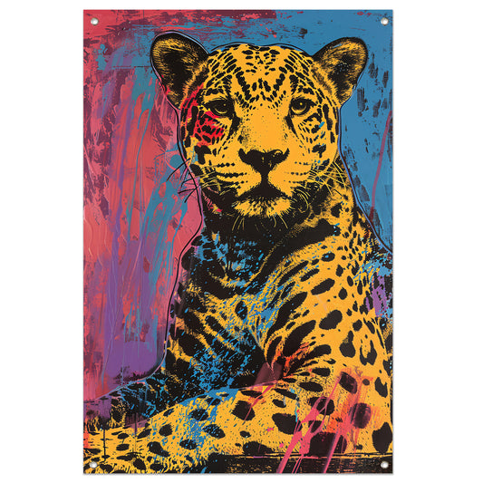 Kleurrijk popart schilderij van een jaguar tuinposter