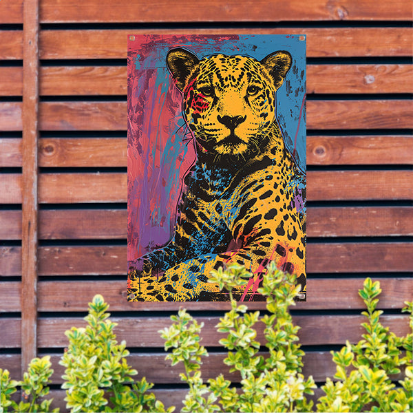 Kleurrijk popart schilderij van een jaguar tuinposter