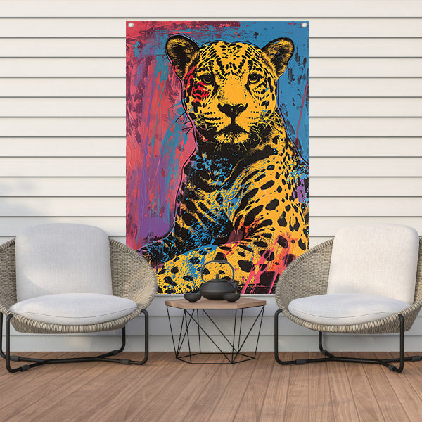 Kleurrijk popart schilderij van een jaguar tuinposter